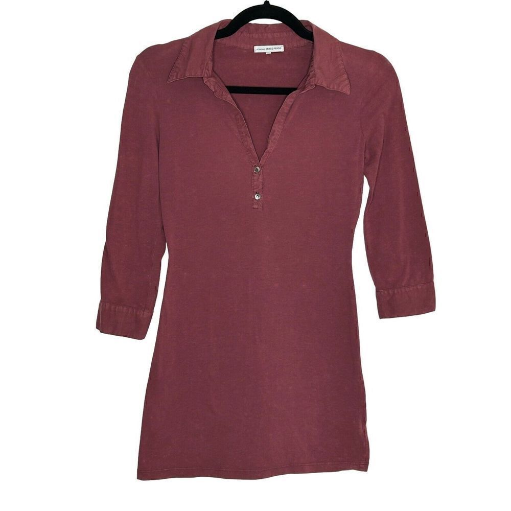 JAMES PERSE Womens Brushed Cotton Collared Split V Neck 3/4 Sleeve Tunic Dress 1